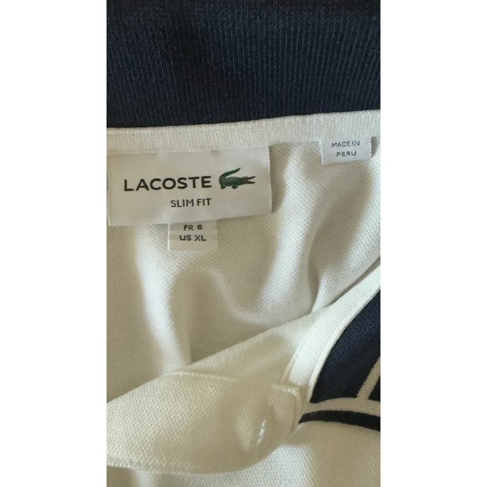 Men's Lacoste White Navy Blue Striped Collar Slim Fit Polo Shirt XL